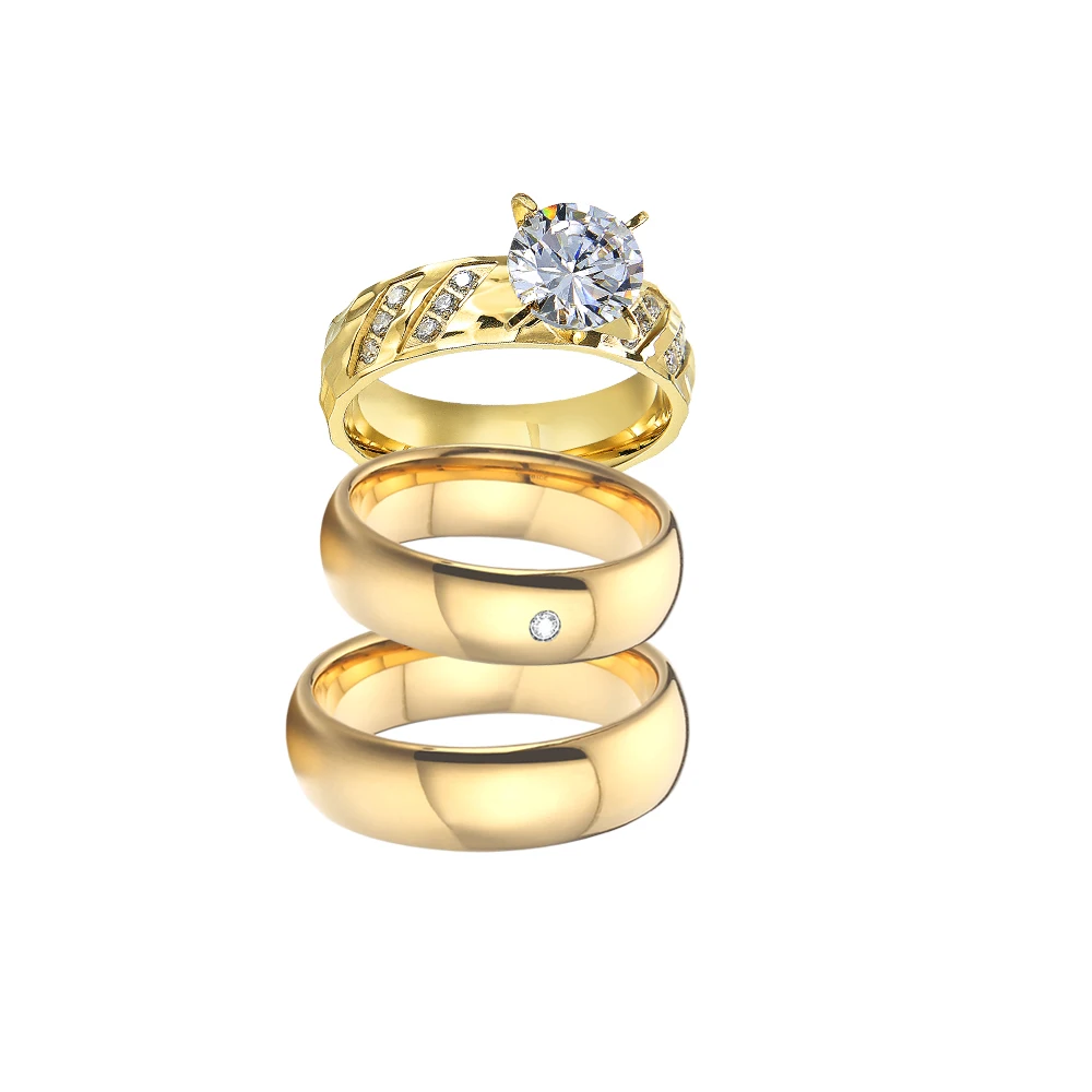 Wholesale Thailand 3pcs Wedding Engagement Rings Ladies Couples Women 14k Gold Plated Bridal With Stone bague diamant