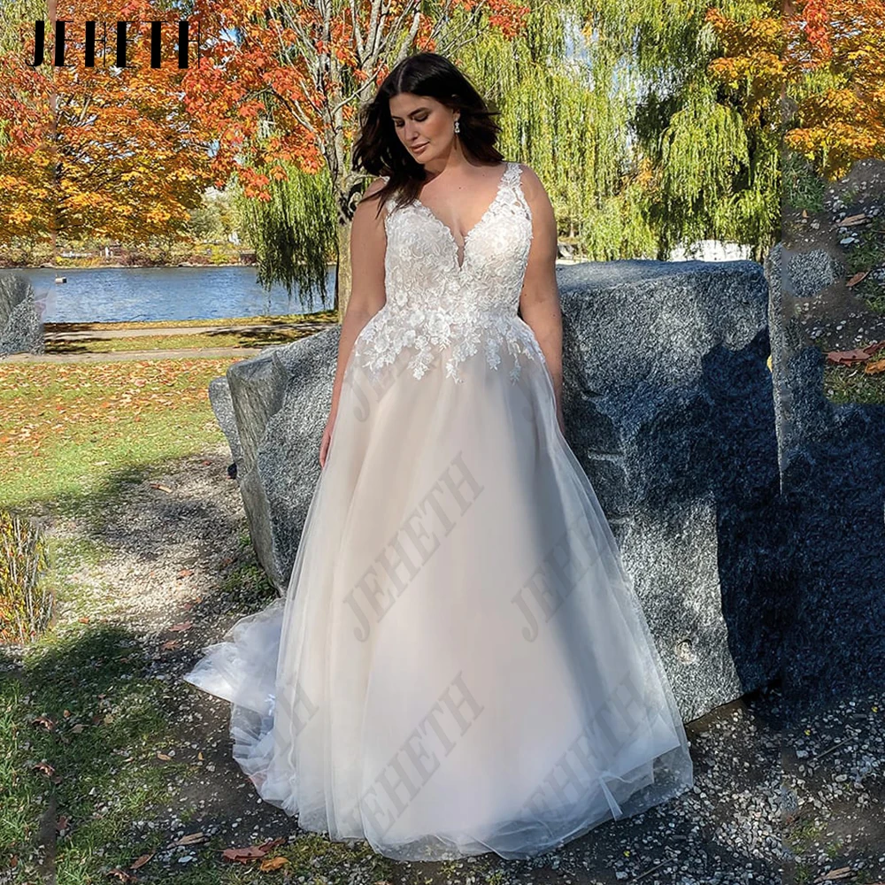 

JEHETH Pastrol Wedding Dresses For Bride Plus Size Double V-Neck Sleeveless Bride Gowns Applique A-Line vestidos de novia