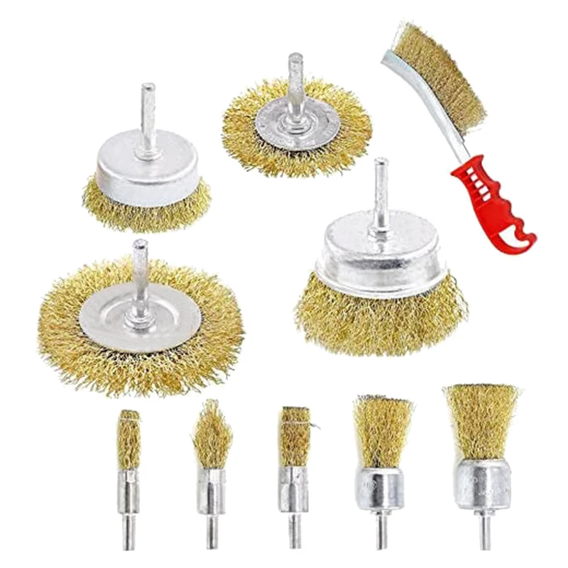 

10 Pcs Wire Brush Set, Brass Coated Wire Brushes For Drill Paint Stripper Rust Remover Wire Wheel And Cup Brush Set