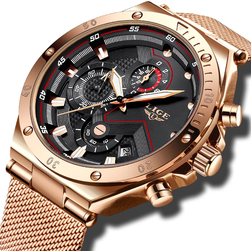 

LIGE Top Brand Luxury Mens Watch Quartz Sports Stainless Steel Mesh Belt Men Wrist Watch Casual Waterproof Man Relogio Masculino