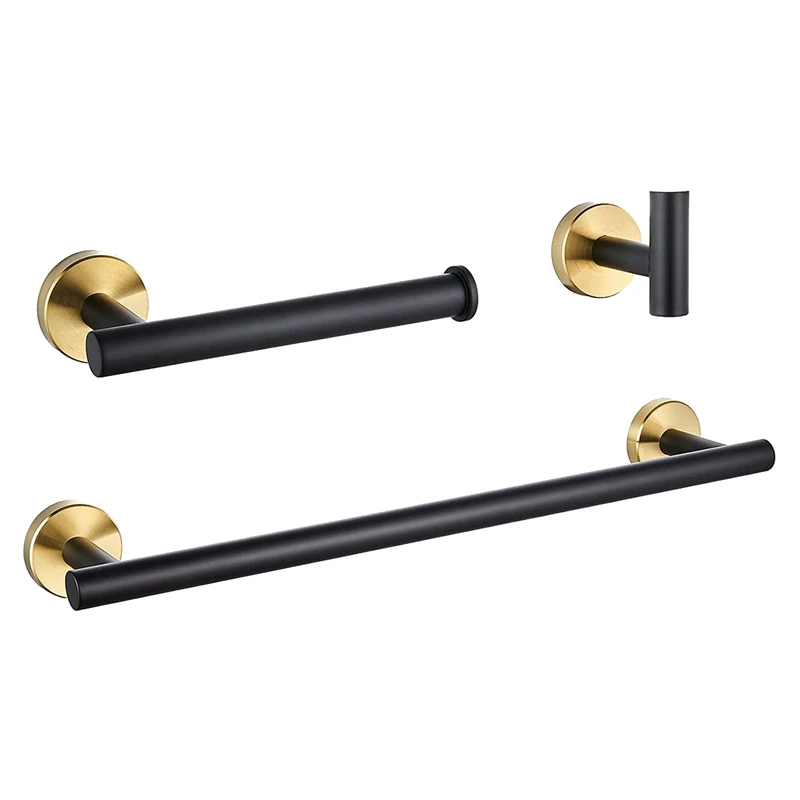 

Bathroom Hardware Set Black Robe Hook Gold Towel Rail Bar Rack Bar Ring Shelf Tissue Paper Holder Towel Bar Set