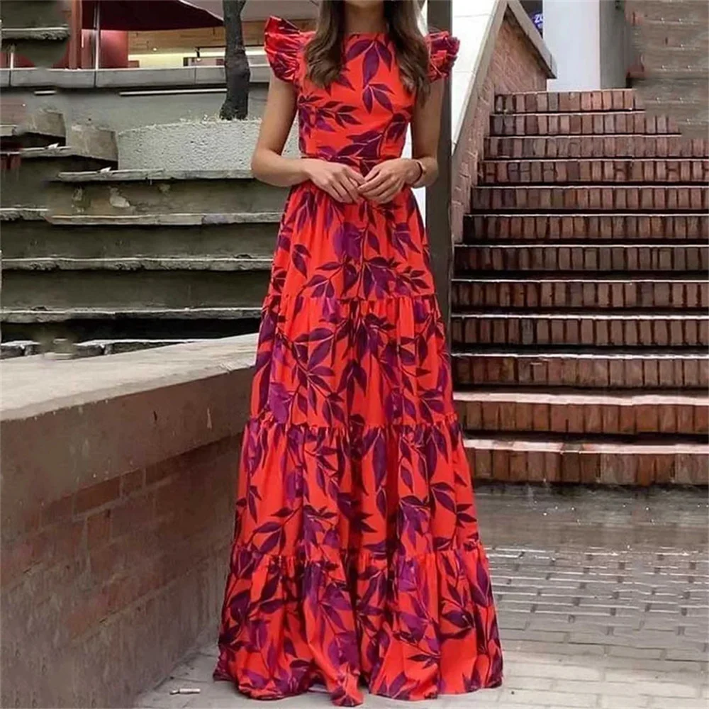

Женское длинное платье с оборками, красное летнее платье-макси с рукавом-фонариком, длиной до пола, повседневное пляжное платье-трапеция с разрезом, платья