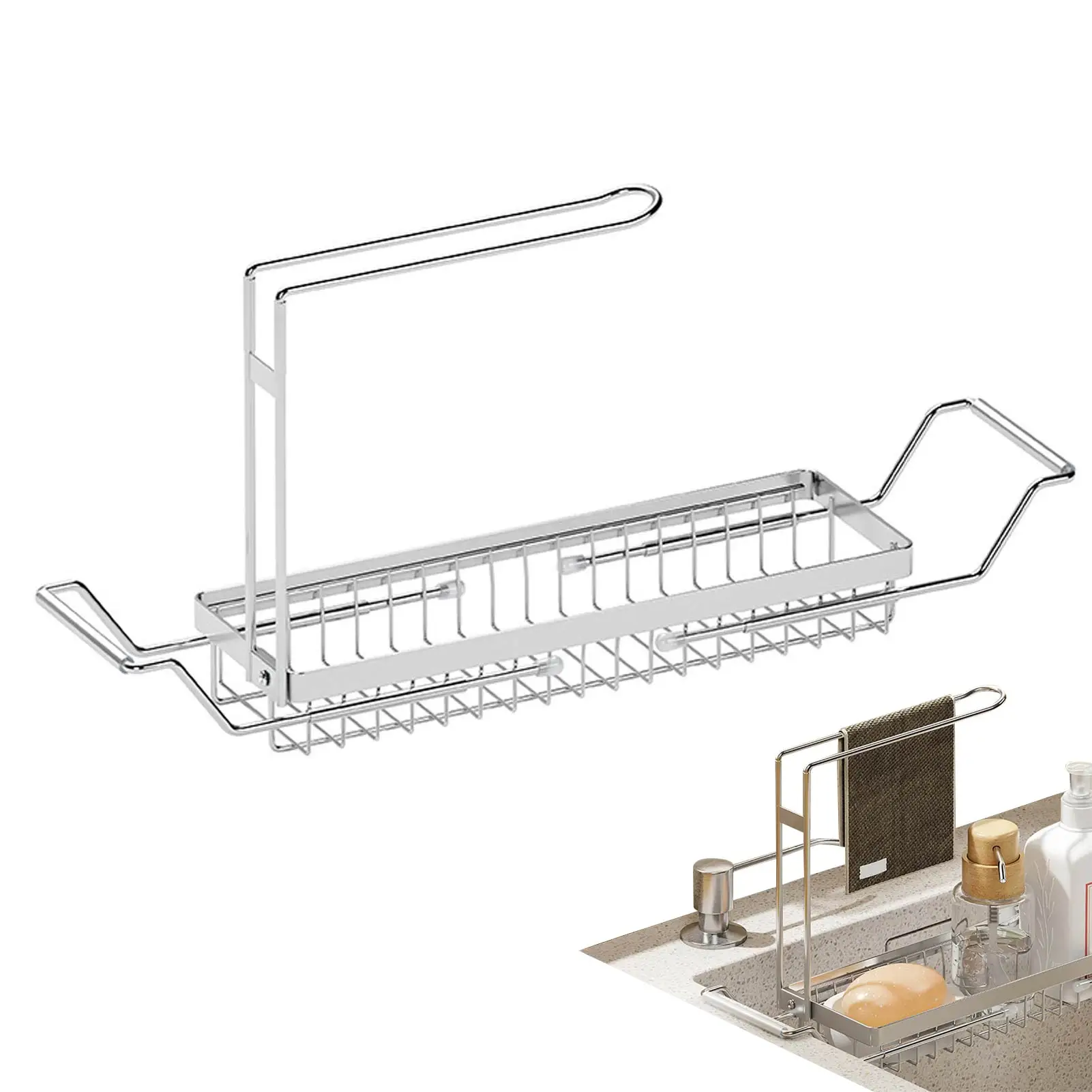 

Стойка для хранения раковины, кухонная стойка, органайзер для раковины из нержавеющей стали 304, телескопическая раковина, держатель губки, р...