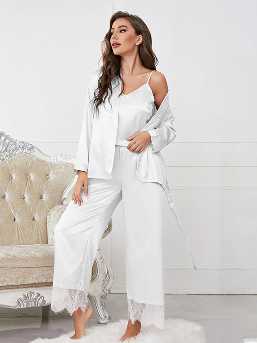 Marthaqiqi Lace Patchwork Women'S Pajamas Spaghetti Strap Nightwear Long Sleeve Robe Lace Up Sleepwear Pants Femme Pyjamas Suits