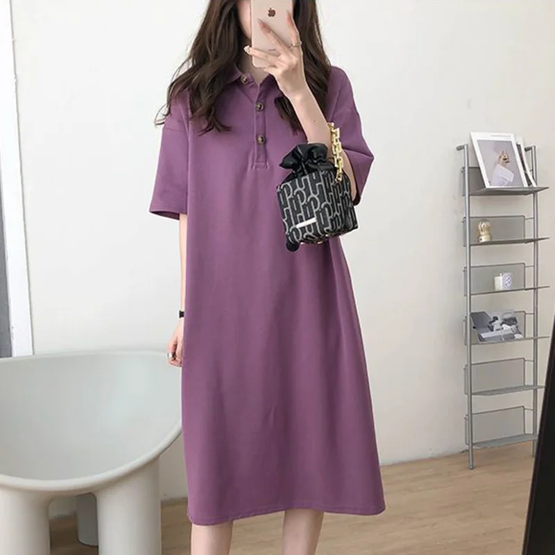 Модное однотонное свободное платье миди в Корейском стиле на пуговицах с