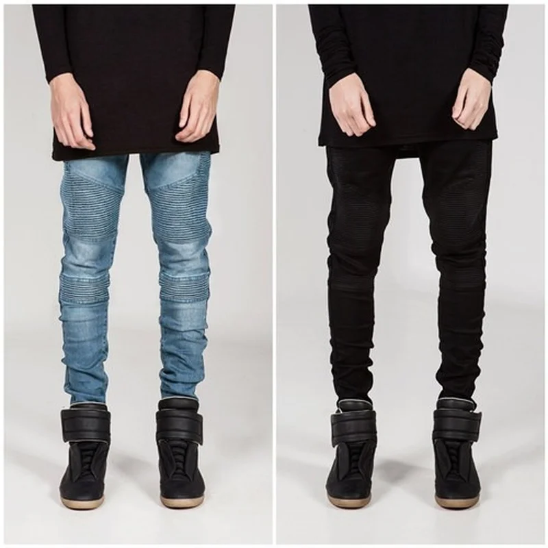 Motorcycle Pants Pleated Slim Pencil Pants Men Jeans Solid Color Skinny Jeans Men Streetwear Full Length Casual Trousers