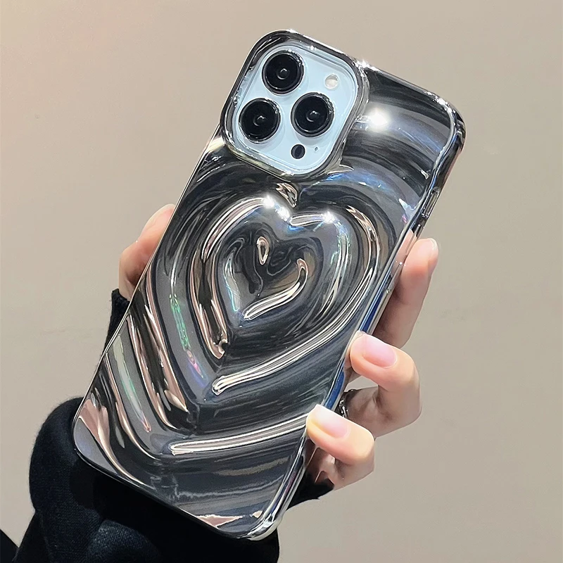 

Retro Folds 3D Love Heart Case for iPhone 13 11 12 14 Pro Max Korea Soft Shockproof Cover Bumper Japan Fashion Telephone Housing