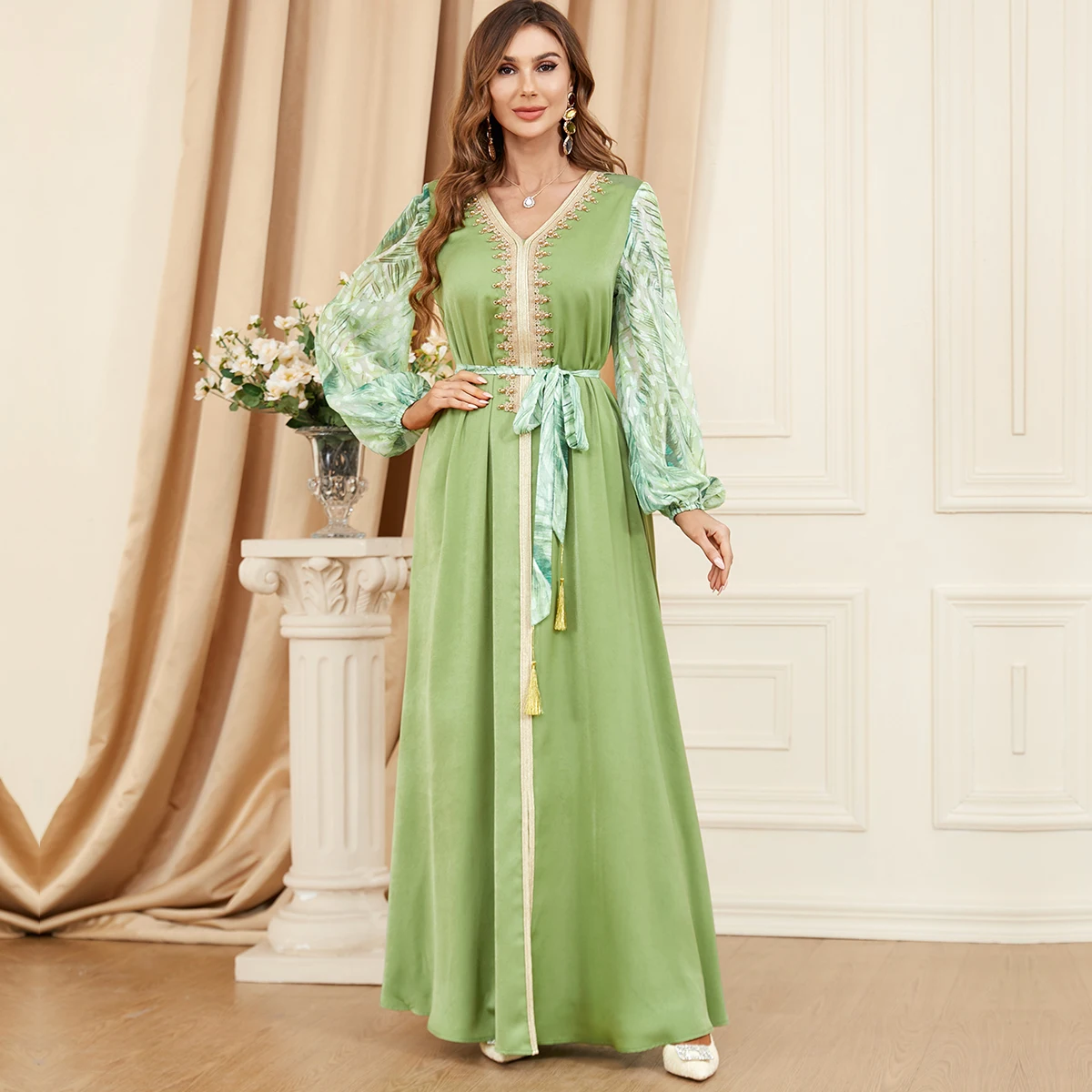BNSQ 3402# 2023 Summer New Fresh Fashion Women's Dress Elegant Muslim Abaya Spliced Bubble Sleeve Beaded Dress