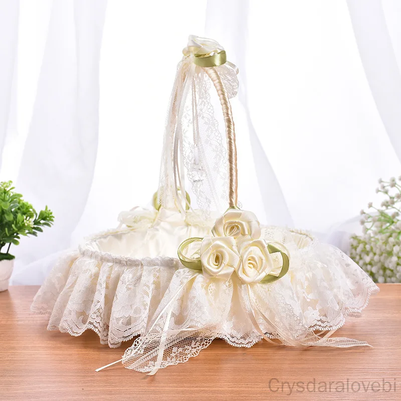 

Western Wedding Bamboo Flower Basket Rhinestone Lace Lace Basket Flower Girl Portable Small Flower Basket Wedding Supplies