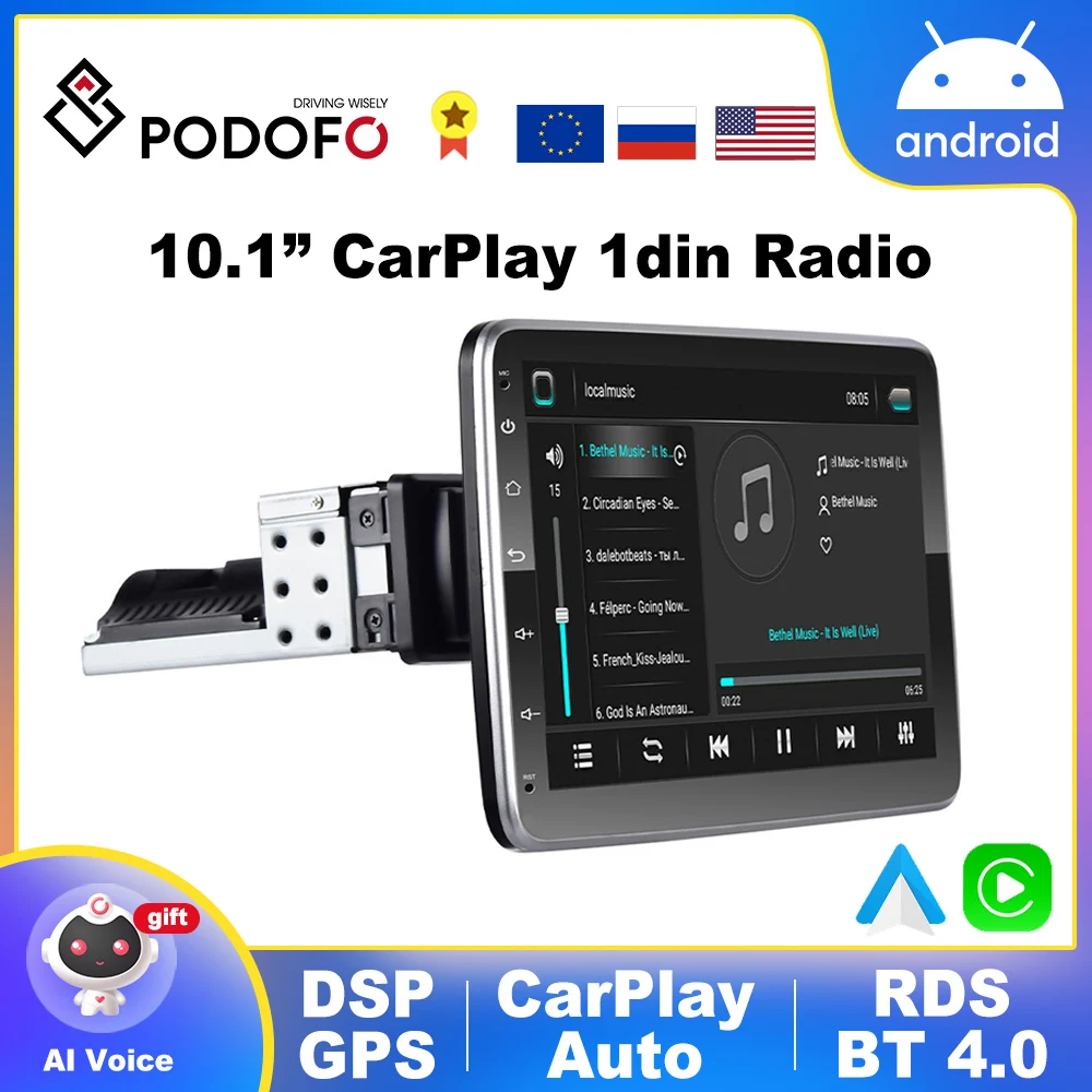 Автомагнитола Podofo CarPlay 1 Din Android с 10-дюймовым экраном |