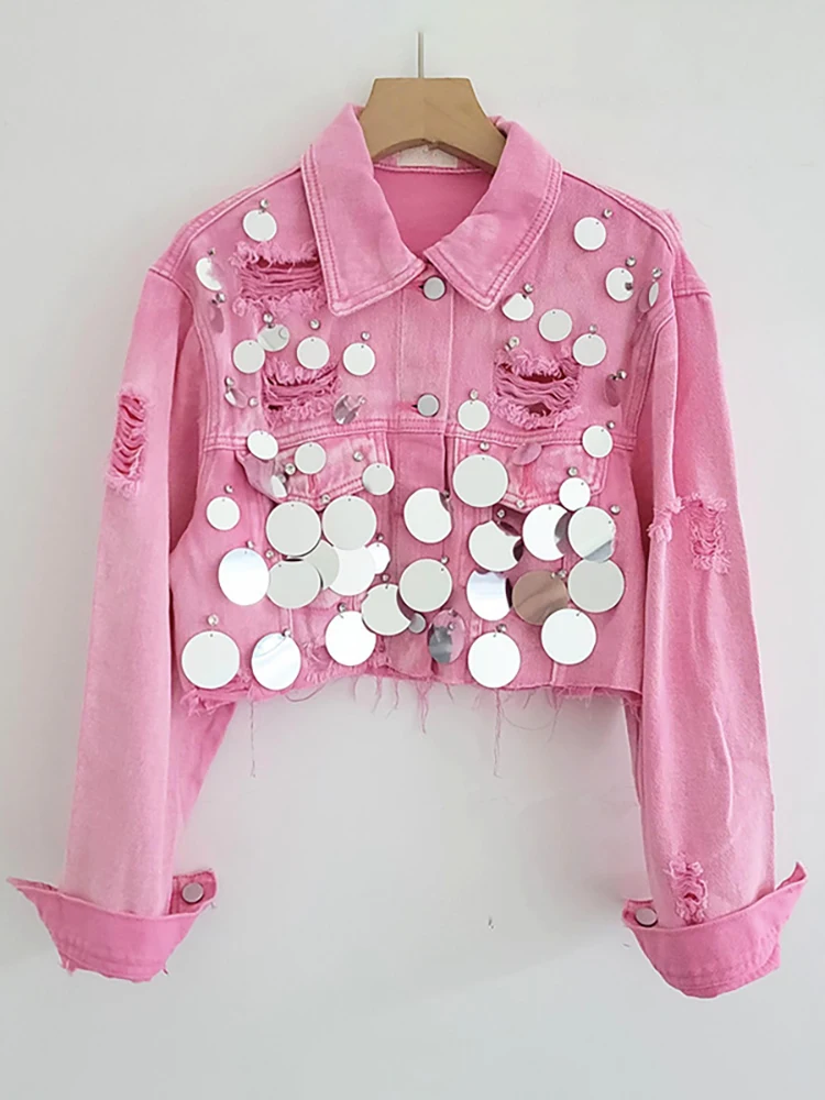Женская джинсовая куртка DEAT короткая однобортная составного кроя с блестками и