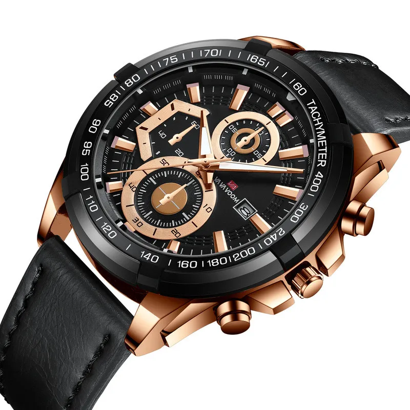 

New Mens Sports Watches Rose Gold Black Fashion Leather Strap Luminous Waterproof Calendar Quartz Wristwatches Relogio Masculino