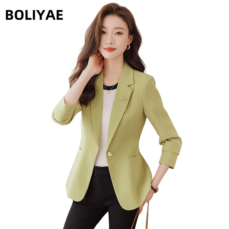 

Boliyae Casual Fashion Black Green Single Button Blazers Women Long Sleeve Jacket Coat Female Office Outerwear Elegant Chic Top