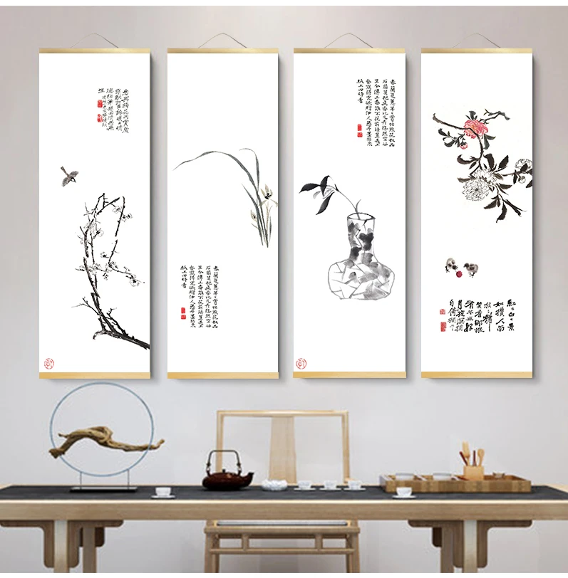 Настенная картина в китайском стиле с изображением зеленых растений и рыбок |