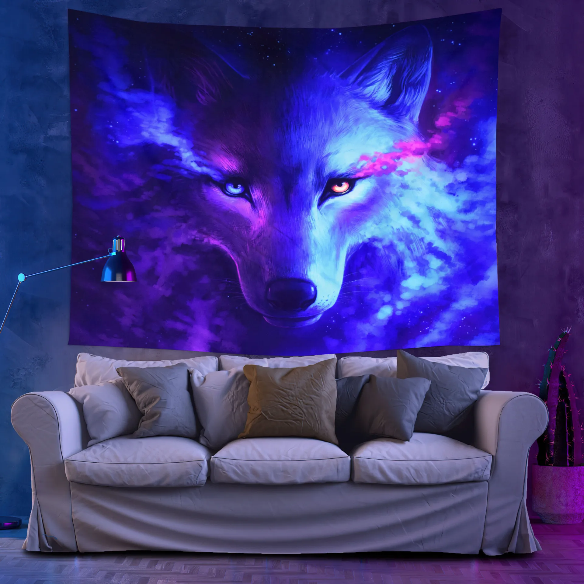 Темно-Синий флуоресцентный черный гобелен Волк тигр лев Сова художественный