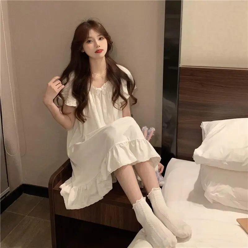 Summer Korean Nightgowns for Women Long Sleeved Nightwear Female Lace Sexy Sleepwear Home Clothes Silk Cotton Night Dress