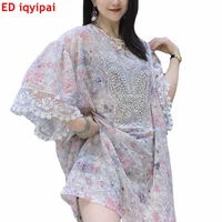 ed iqyipai lace sleeve beading t shirt for women large pattern butterfly beading tshirts women thin see through chiffon tees