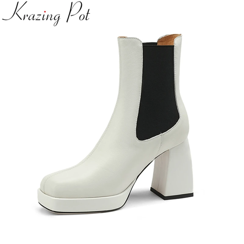 

Krazing Pot 2023 Cow Leather Super High Slip on Chelsea Boots Office Lady Dating Dance Winter Dress Platform Casual Ankle Boots