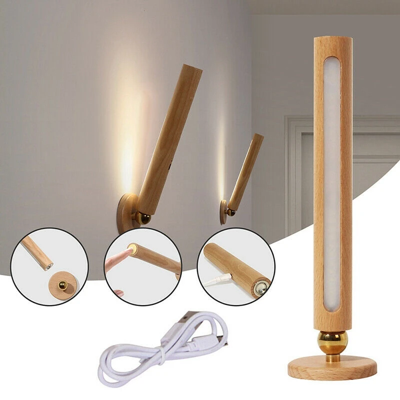 

Rechargeable Wall Lamp Wooden LED Night Lights Rotating Spotlight Touch Switch Wall-Mounted Reading Lamp