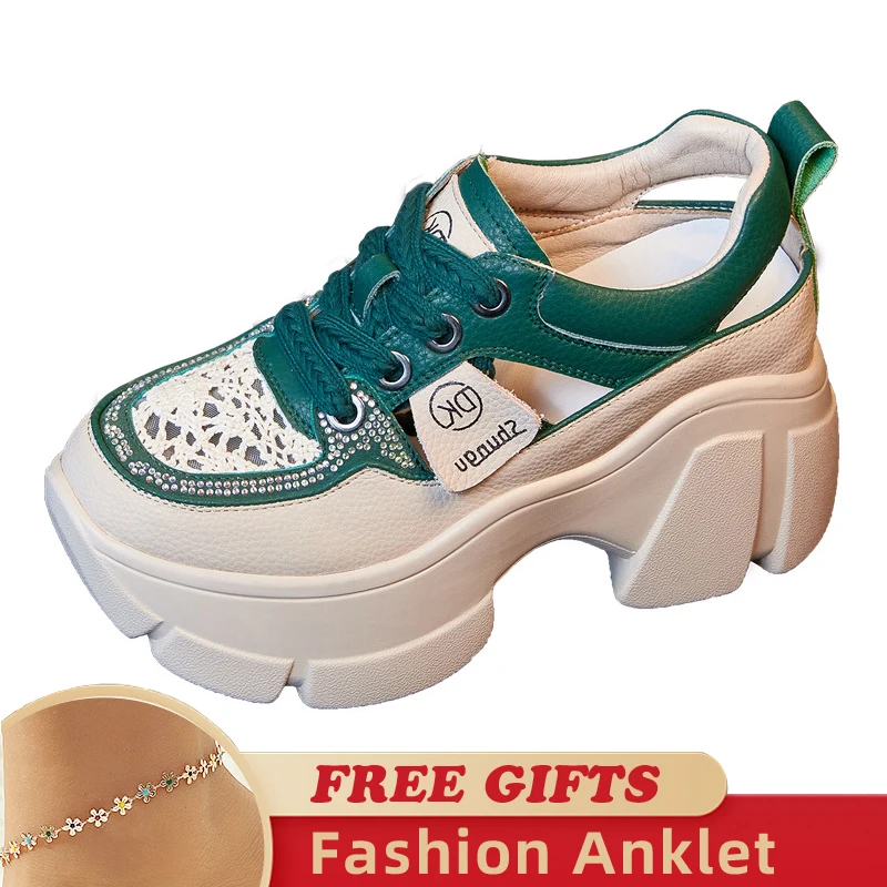 8.5cm Genuine Leather Slides Summer Ankle Chunky Sneakers Vulcanize Hollow Women Platform Sandals Wedge Breathable Female Shoes