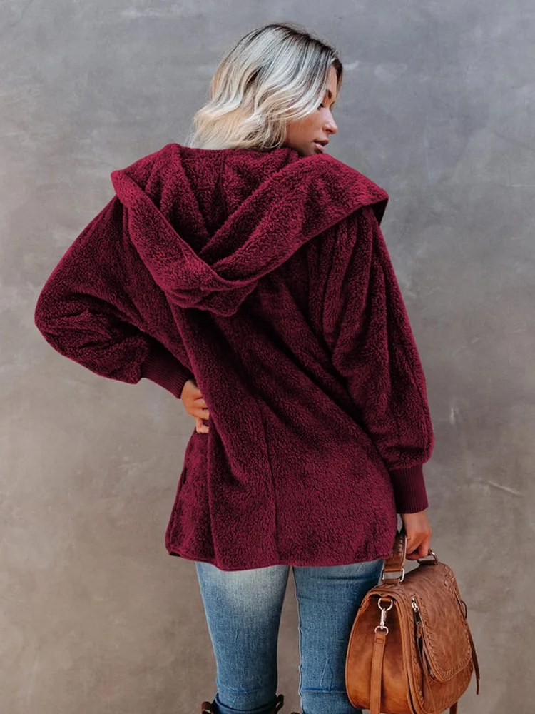 WYWMY Faux Fur Teddy Bear Coat Jacket Women Fashion Open Stitch Winter Hooded Coat Female Long Sleeve Fuzzy Jacket Outwear Coats