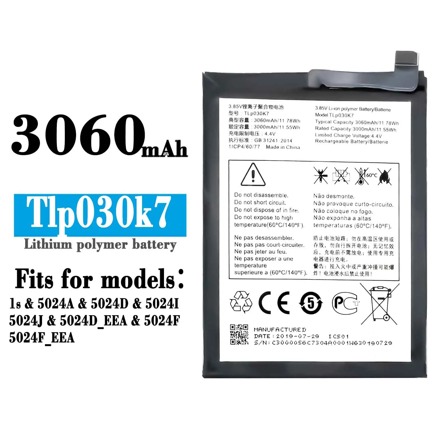 Original 3060mAH TLp030K7 Replacement Mobile Phone Battery For Alcatel 1S 2019 OT-5024 5024D 5024J 5024I 5024F