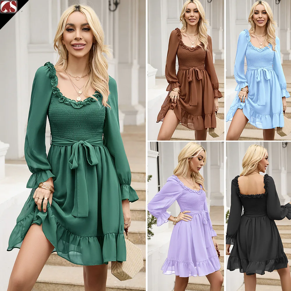 

Women Loose Flare A-Line Fashion Fashion Slim Dresses Women's Colour Solid Square Neck Fit Long Sleeve Dress Cake