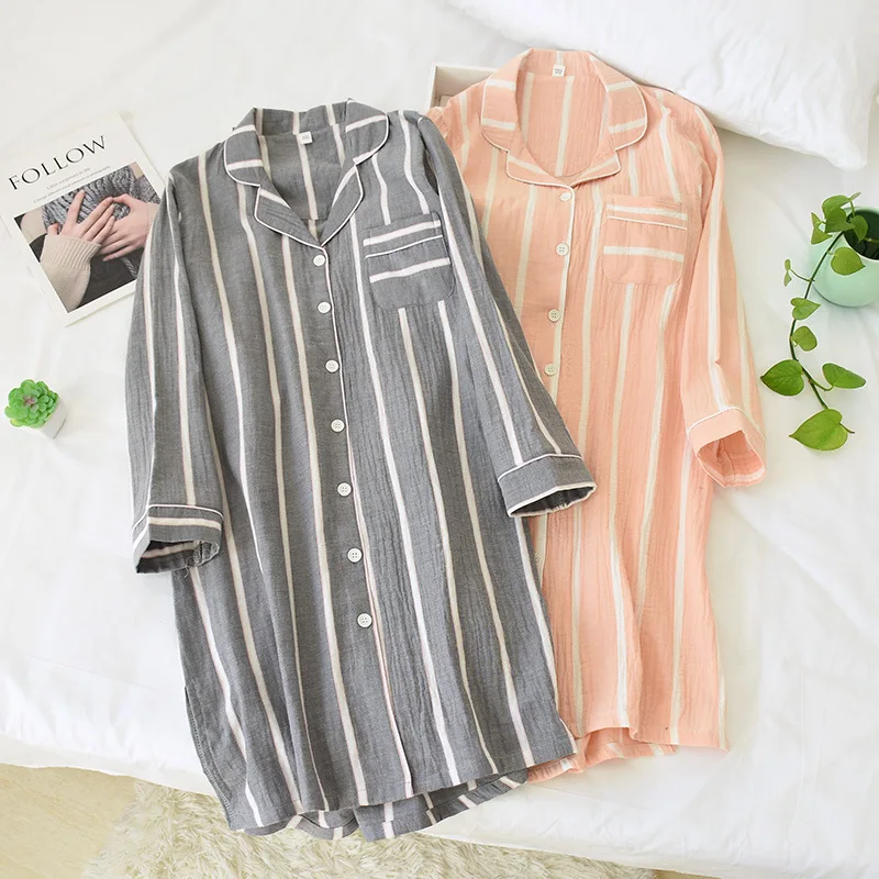 

Spring/ Summer Women's Nightdress Nightwear Yarn-dyed Cotton Lapel Shirt Soft Home Leisure Sleeping Dress Nighty for Ladies