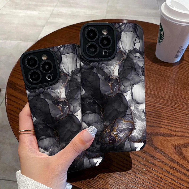 Spilling Ink Arts Marbled Pattern Phone Case For iPhone 11 12 13 14 Pro Max 14plus X XR XS Max 7 8 Plus Black White Shell Cover