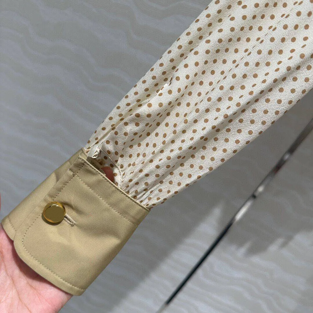 Женская шелковая рубашка в горошек милая блузка составного кроя с отложным