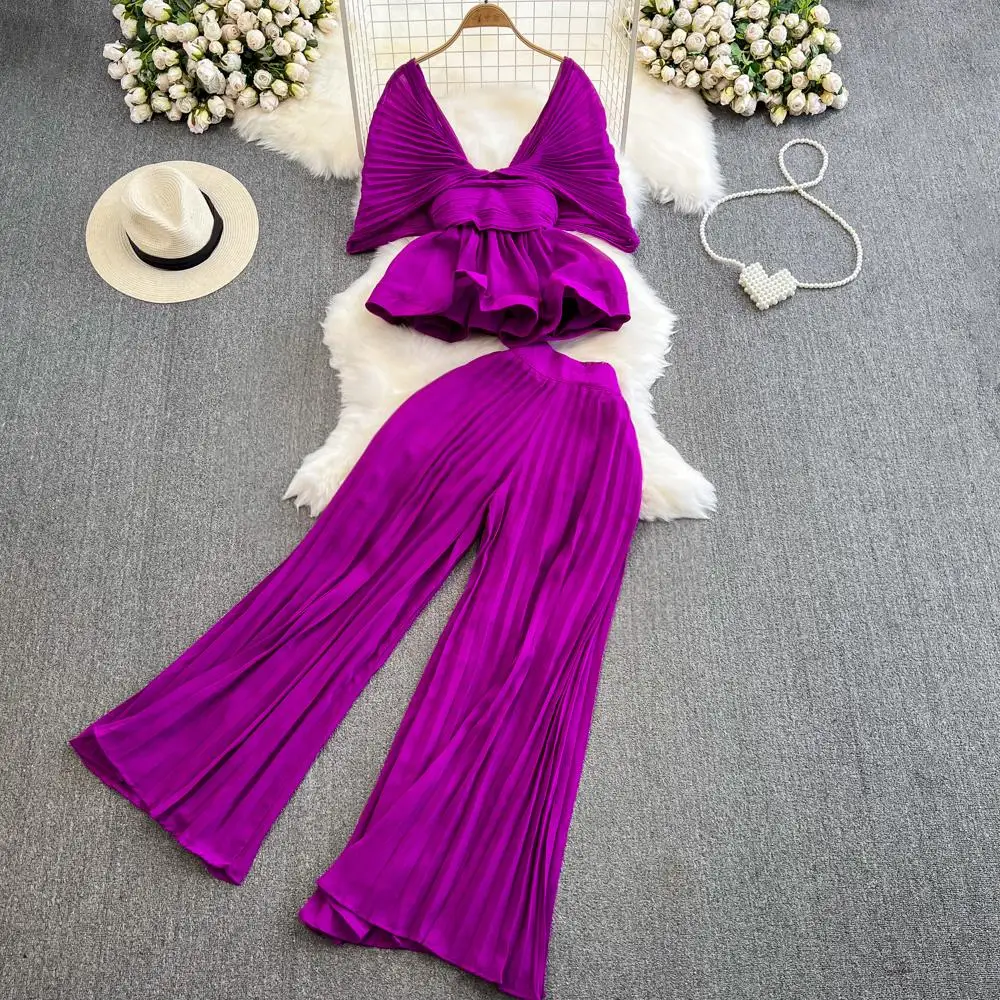 

Summer New Elegant Casual Beach 2 Pieces Set Women Fashion Ruffles Shirts Blouses Pleated Pants Suit Chic Female Tracksuit