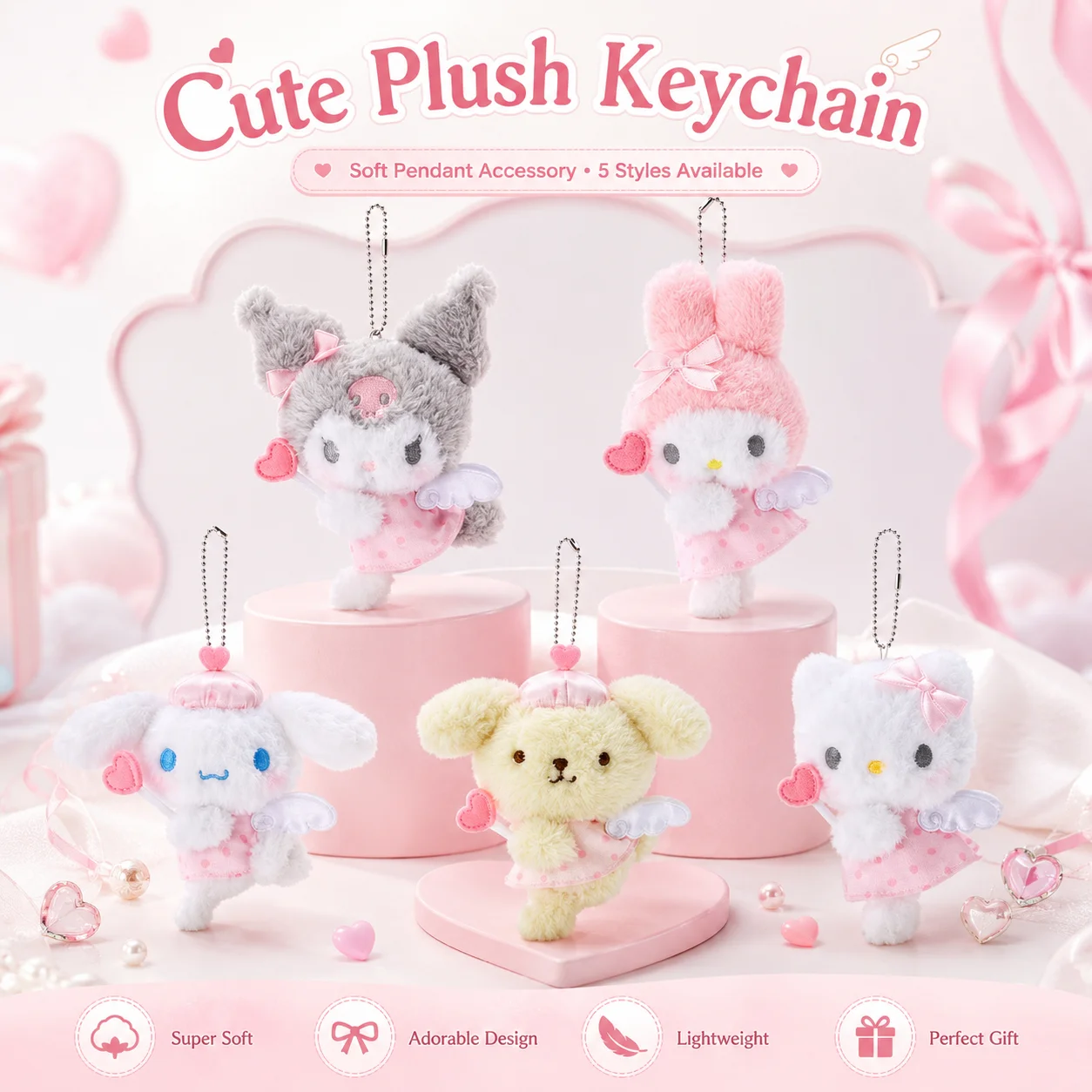 Фото Плюшевый брелок-подвеска Sanrio «Милые крылья ангела с сердечками» из ПП-хлопка для женщин и студенток, милый мультяшный аксессуар для сумок и ключей, подарок №1