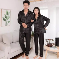 women silk satin pajamas set couples solid color long sleeve sleepwear suit female sleep two piece set loungewear
