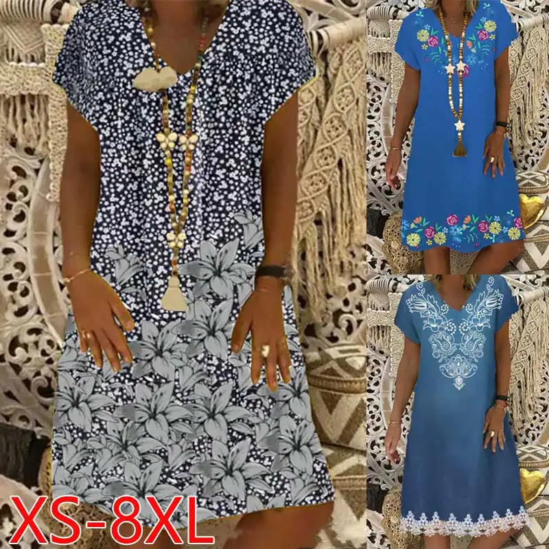 

Women's V Neck Short Sleeve Slim Fit Dress Printed Panel Midi Dress Summer Loose Casual Elegant Dress XS-9XL