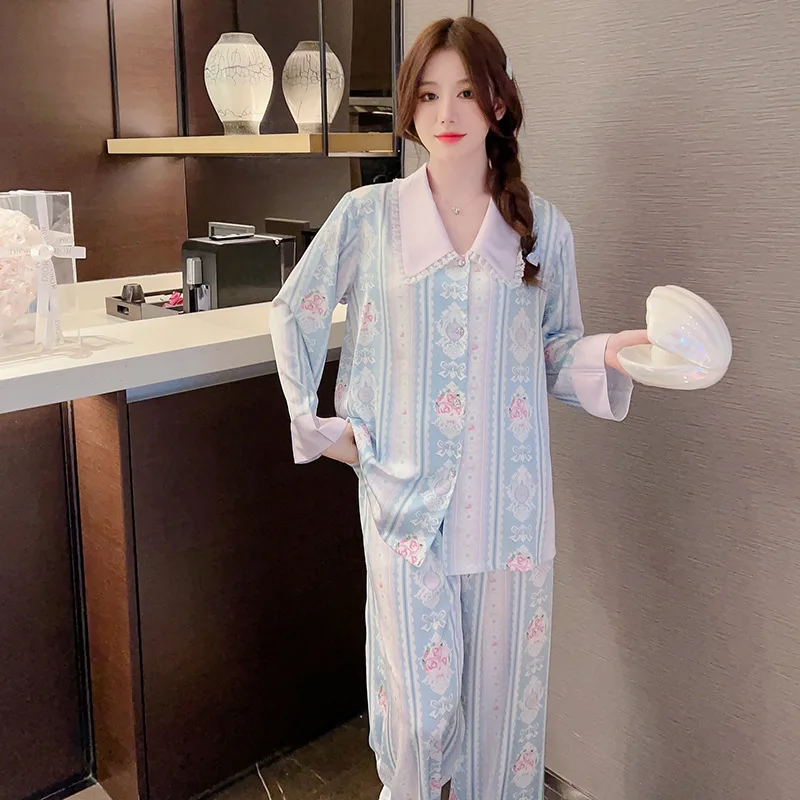 New Pajamas Women's Spring Thin Cardigan Set Ice and Snow Silk Vertical Stripe Printed Home Furnishing