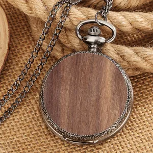 Imported Antique Wooden Paster Pocket Watch Walnut Quartz Fob Watches Classic Steampunk Necklace Pendant Cloc