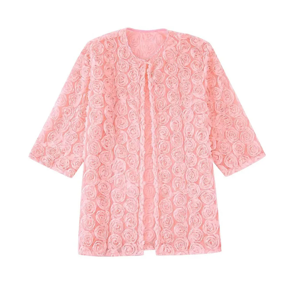 

Elegant Flowers Cardigans for Women Clothing 2022 New In Fashion Pink Floral Textured Knitted Coat Sweet