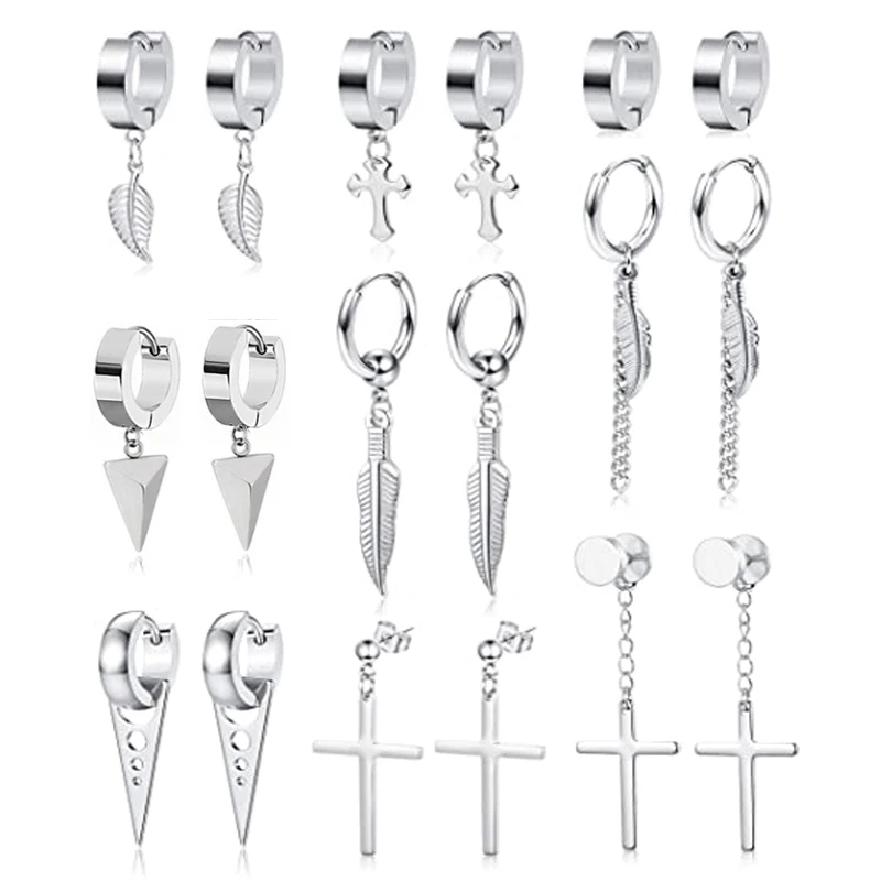 

9 pairs of cross pendant earrings for men and women stainless steel hip hop feather hinge pendant cross earrings punk hoop