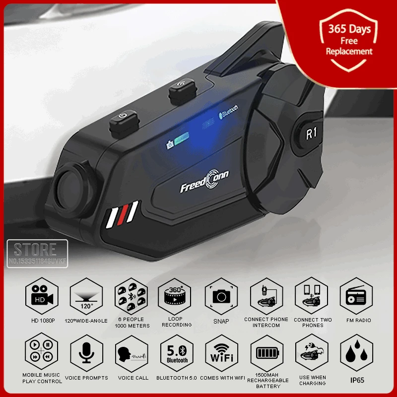 

HD 1080P Motorcycle Headset Bluetooth-compatible Camera Waterproof Video 6 Riders Wifi Group 1000M Interphone Wide Angle Recorde