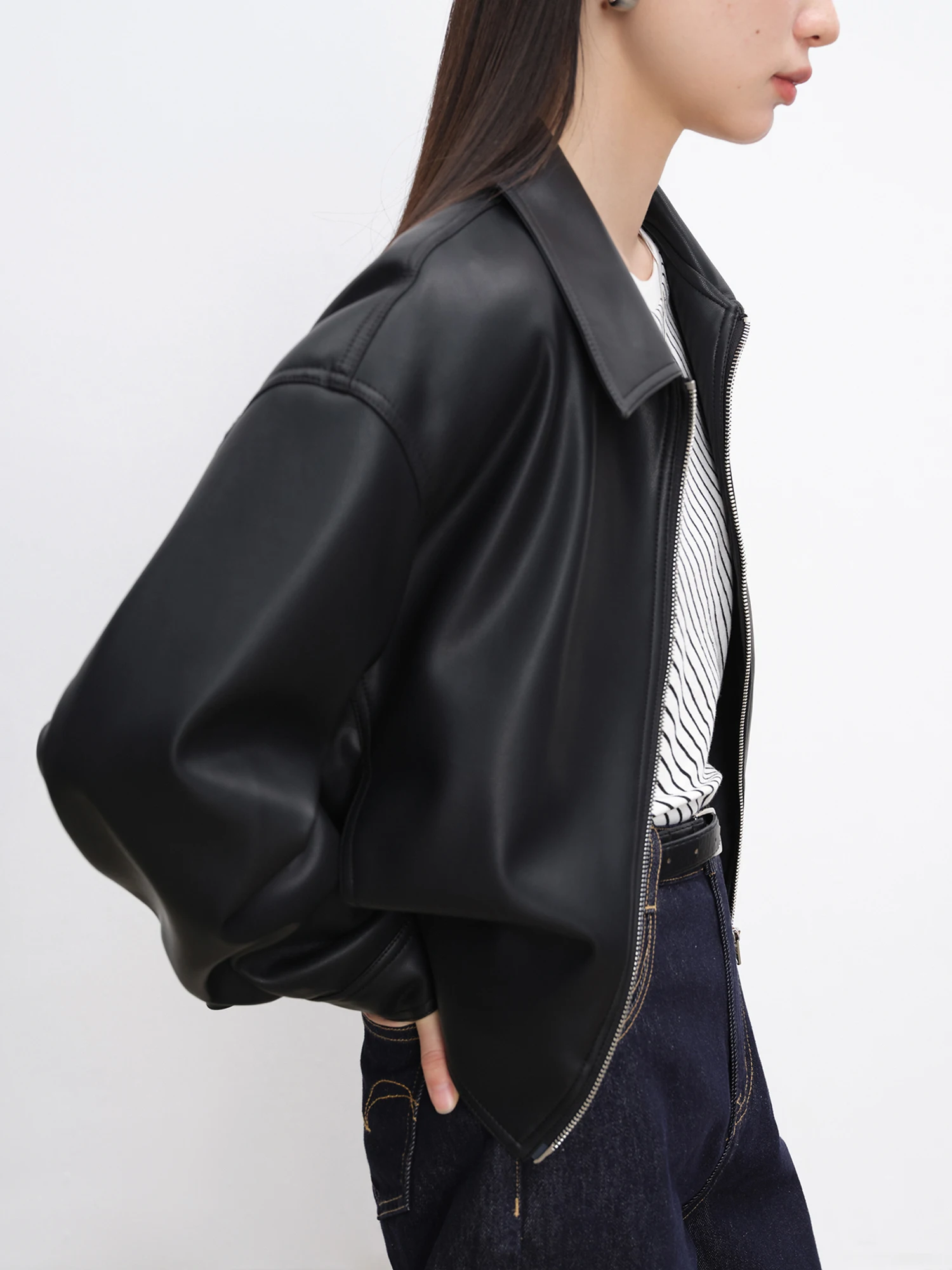 ZIQIAO однотонная кожаная куртка с отворотом для женщин осень 2024 новый дизайн