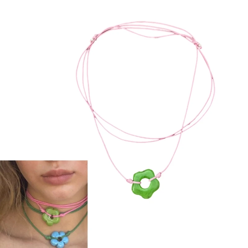 

Adjustable Corded Flower Pendant Necklace Elegant Knotted Necklace Flower Choker 264E