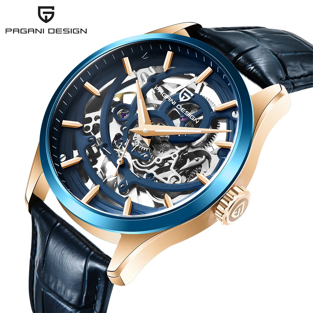 

5pcs Custom Logo Mechanical Men Watch-Double-sided Hollowed Automatic Genuine Leather Watchband Waterproof Luminous Wristwatch
