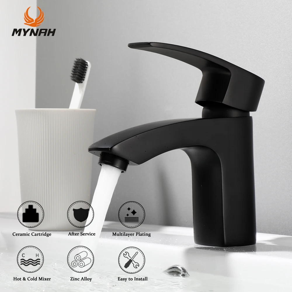 

MYNAH Black Basin Faucet Chromed Zinc Alloy Cold and Hot Water Taps Bathroom Mixer Wash Face Faucets Bathroom Basin Mixer