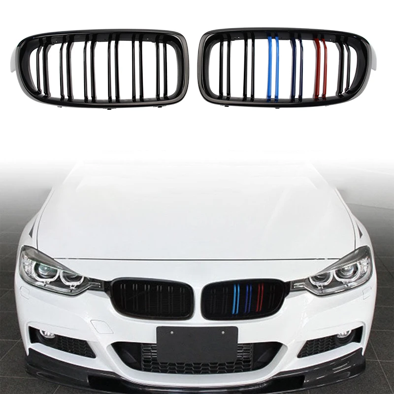 For BMW 3 Series F30 F31 F35 Car Front Bumper Grilles Kidney Racing Grill 2013-2019 Double Slat Grille Gloss Black Auto Tricolor