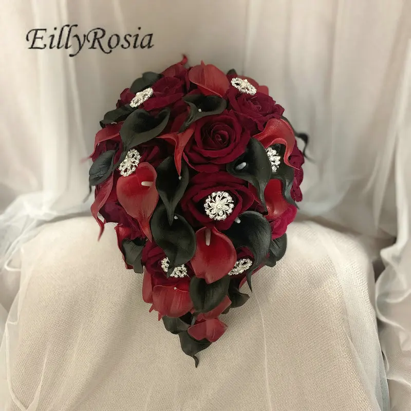 

EillyRosia Calla Lily Roses Burgundy and Black Bridal Bouquet Artificial Holding Flowers Gothic Bride Wedding Bouquet