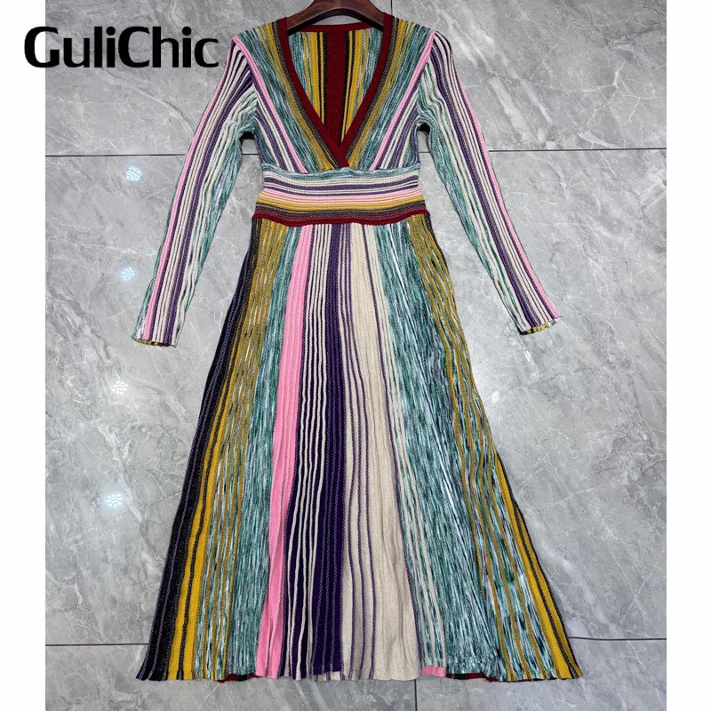 9.2 GuliChic Colorful Vertical Stripe V-Neck Bright Silk Knit Dress Women Elegant Fashion High Waist Split A-Line Pleated