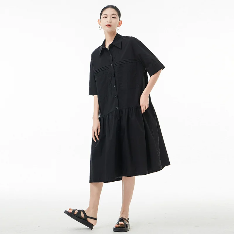 

Short Sleeve Fashion Splice Japan Style Long Shirt Dress for Women 2022 Summer Streetwear Vintage Loose Maxi Dresses Female 5351