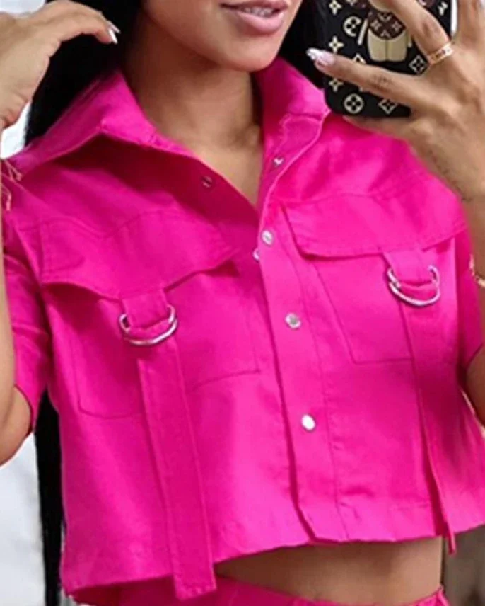 Воротник и откидная пуговица топ с открытым пупком повседневным карманом для