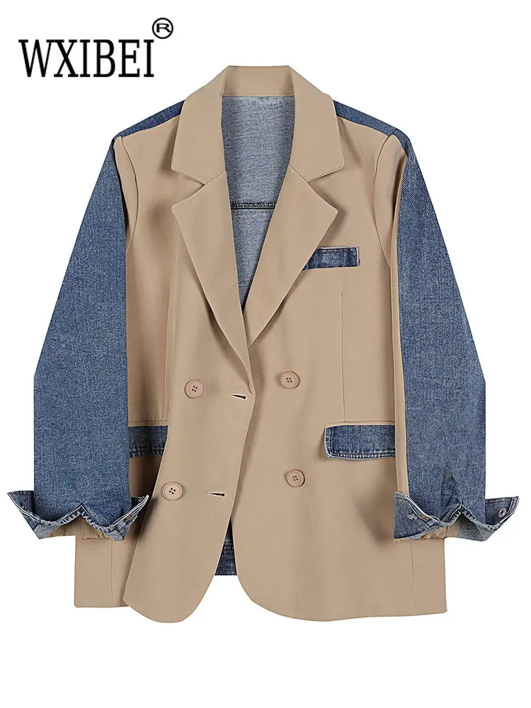 

WXIBEI Streetwear Jacket For Women's Notched Collar Long Sleeve Patchwork Denim Colorblock Jackets Female Clothing Fashion FC094
