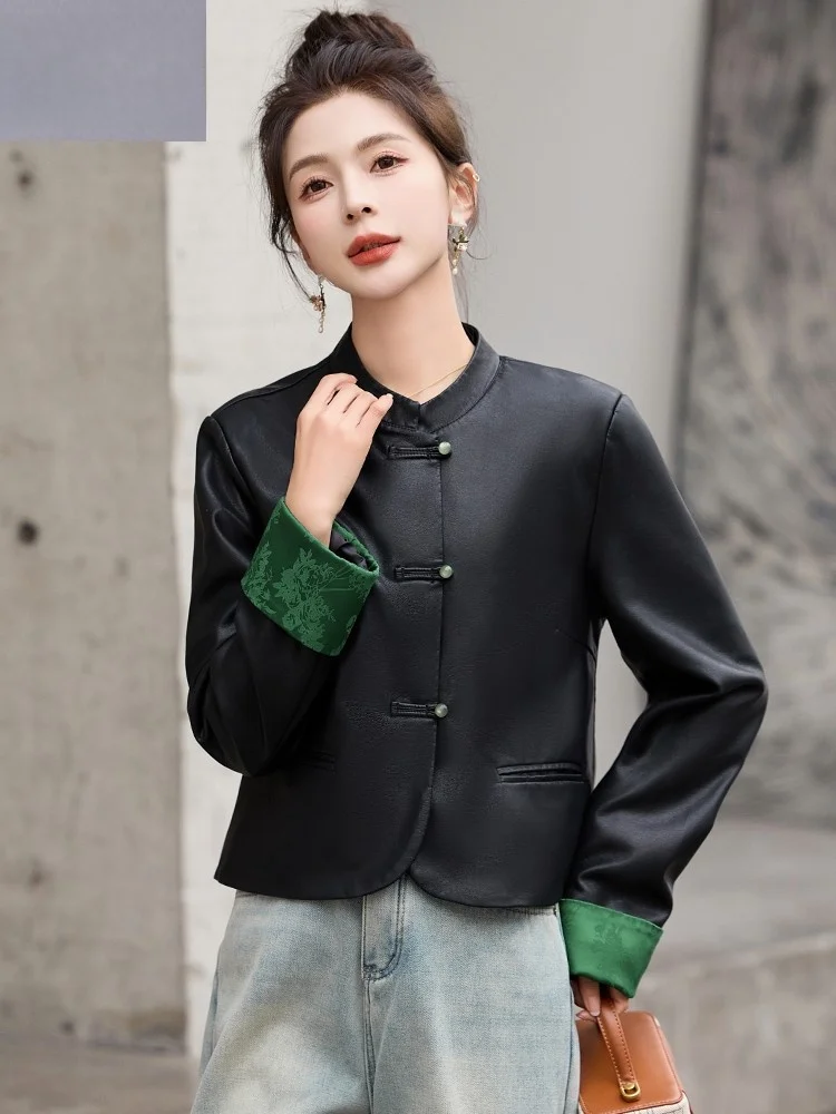 Китайское кожаное пальто Sle National Верхняя одежда Короткая женская 2024 Весна и осень